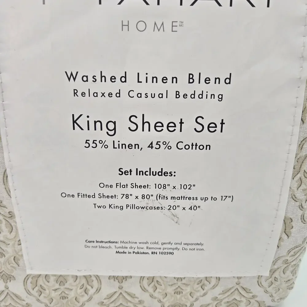Tahari KING Washed Linen Blend Sheet 4pc Soft Gold White SHABBY CHIC NEW COTTAG